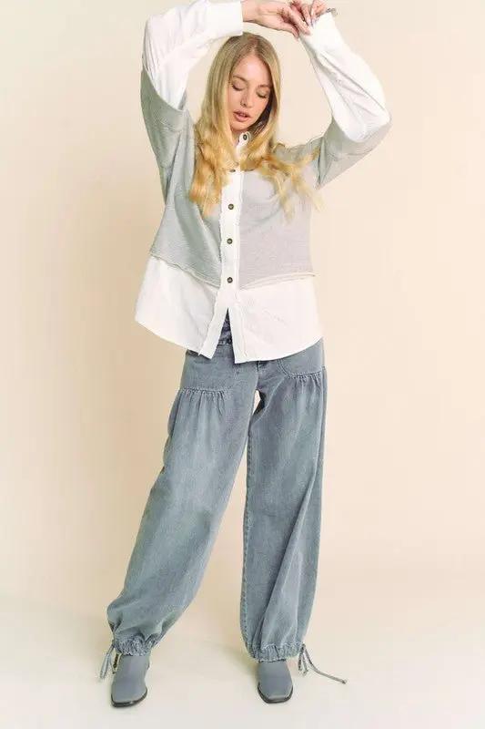 Davi & Dani Faux Layered French Terry Contrast Top for Women - Love Salve